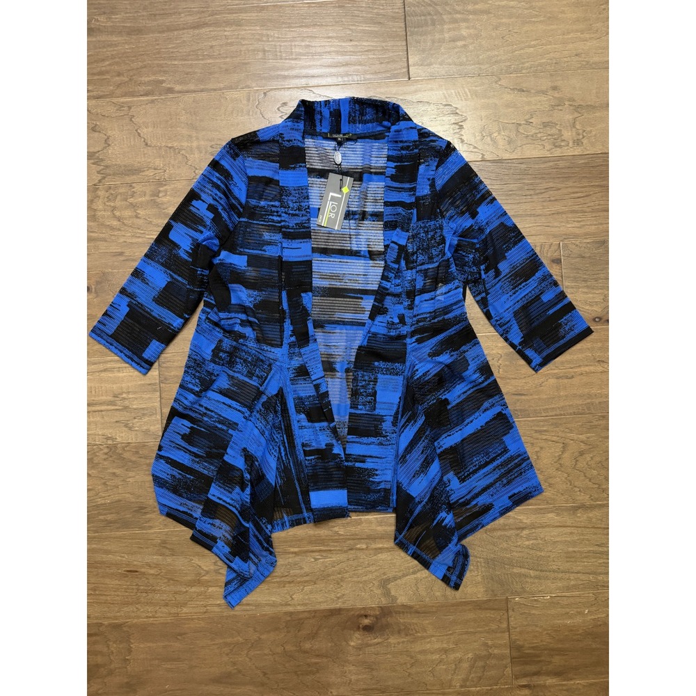 Lior Blue & Black Open Front Draped Cardigan Sweater NWT